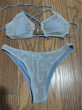 Zaful Light Blue Bikini with White Mesh and Gold Clasp
